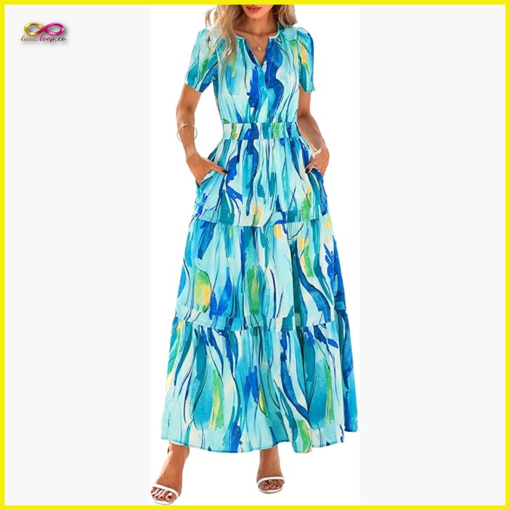 Boho Maxi Dress Floral Tiered V Neck Summer Beach Vacation Flowy A Line